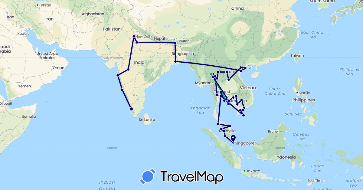 TravelMap itinerary: driving, bus in India, Cambodia, Laos, Malaysia, Singapore, Thailand, Vietnam (Asia)
